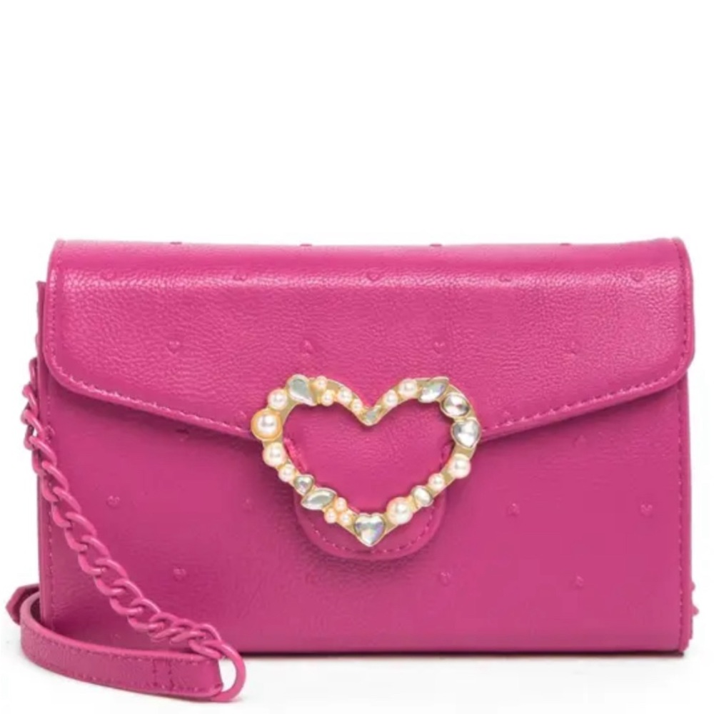 Betsy Johnson EMBELLISHED HEART CROSSBODY WALLET IN BERRY NWT